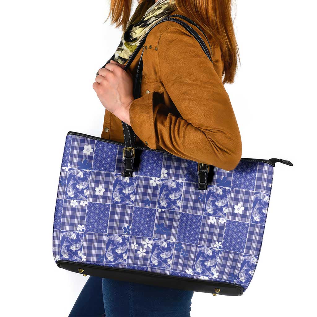 Blue Palaka Japanese Patterns Leather Tote Bag Koi Fish Asanoha Sakura Patchwork Stylized - Polynesian Pride