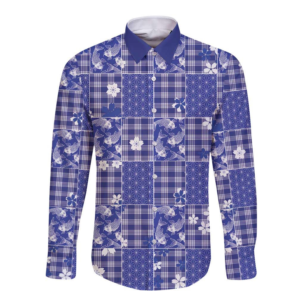 Blue Palaka Japanese Patterns Long Sleeve Button Shirt Koi Fish Asanoha Sakura Patchwork Stylized LT14 Unisex Blue - Polynesian Pride