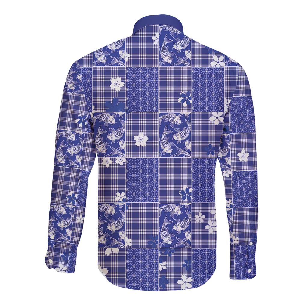 Blue Palaka Japanese Patterns Long Sleeve Button Shirt Koi Fish Asanoha Sakura Patchwork Stylized LT14 - Polynesian Pride