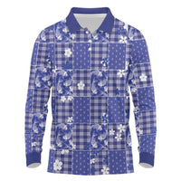 Blue Palaka Japanese Patterns Long Sleeve Polo Shirt Koi Fish Asanoha Sakura Patchwork Stylized LT14 Blue - Polynesian Pride