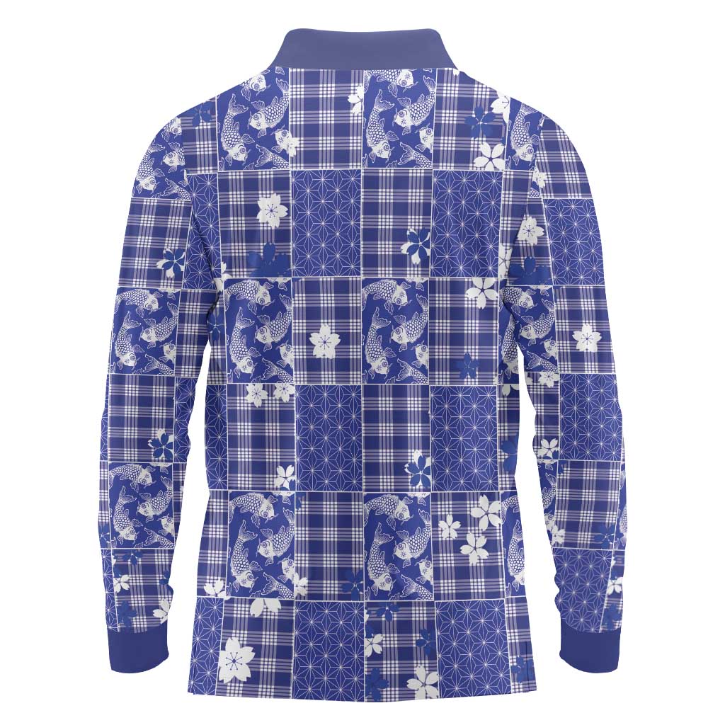 Blue Palaka Japanese Patterns Long Sleeve Polo Shirt Koi Fish Asanoha Sakura Patchwork Stylized LT14 - Polynesian Pride