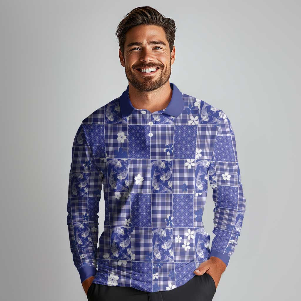 Blue Palaka Japanese Patterns Long Sleeve Polo Shirt Koi Fish Asanoha Sakura Patchwork Stylized LT14 - Polynesian Pride