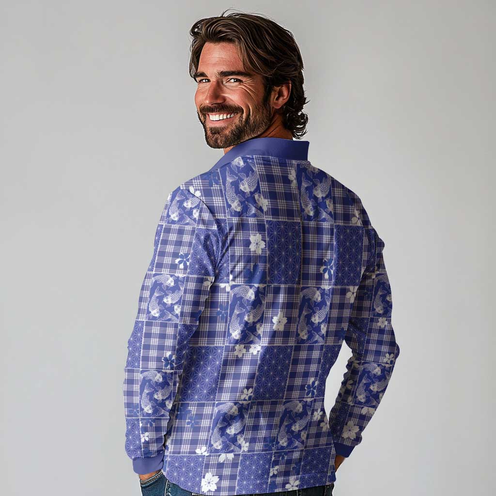 Blue Palaka Japanese Patterns Long Sleeve Polo Shirt Koi Fish Asanoha Sakura Patchwork Stylized LT14 - Polynesian Pride