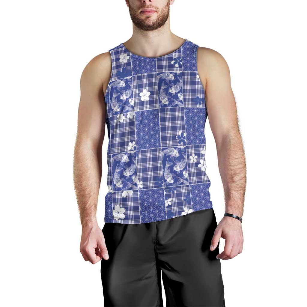 Blue Palaka Japanese Patterns Men Tank Top Koi Fish Asanoha Sakura Patchwork Stylized - Polynesian Pride