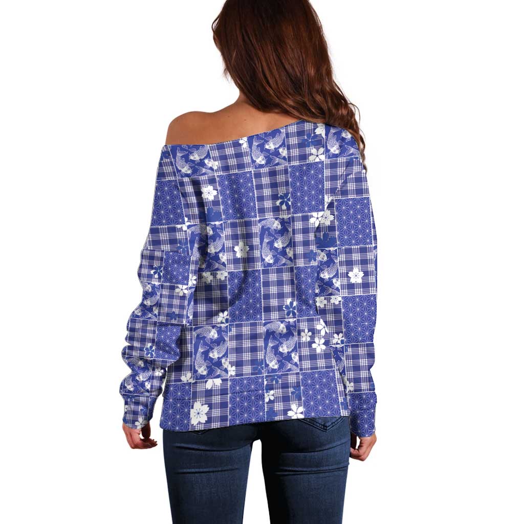 Blue Palaka Japanese Patterns Off Shoulder Sweater Koi Fish Asanoha Sakura Patchwork Stylized - Polynesian Pride