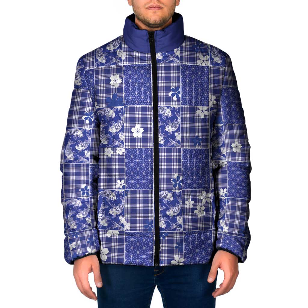 Blue Palaka Japanese Patterns Padded Jacket Koi Fish Asanoha Sakura Patchwork Stylized LT14 Men Blue - Polynesian Pride