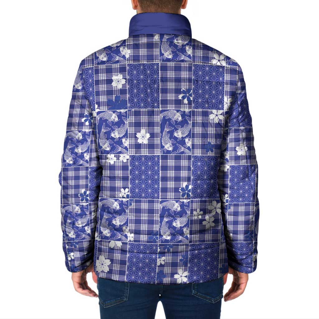 Blue Palaka Japanese Patterns Padded Jacket Koi Fish Asanoha Sakura Patchwork Stylized LT14 - Polynesian Pride