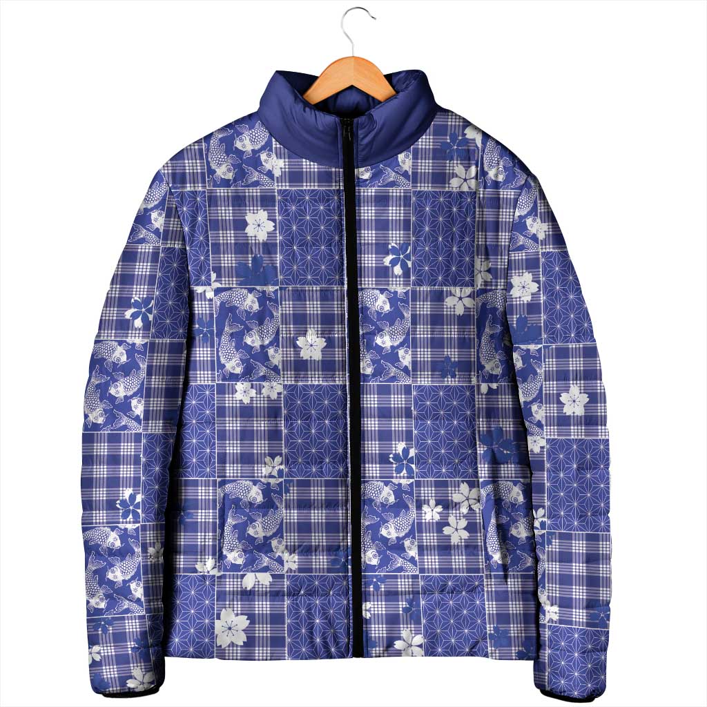 Blue Palaka Japanese Patterns Padded Jacket Koi Fish Asanoha Sakura Patchwork Stylized LT14 - Polynesian Pride