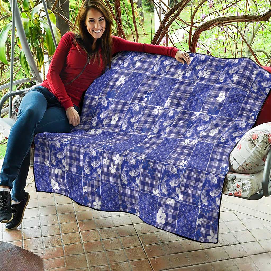 Blue Palaka Japanese Patterns Quilt Koi Fish Asanoha Sakura Patchwork Stylized - Polynesian Pride
