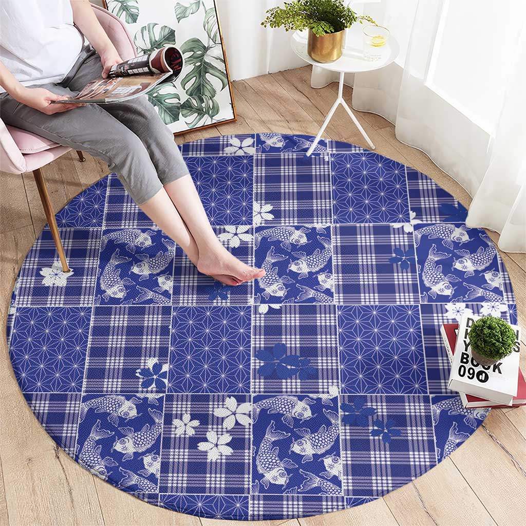 Blue Palaka Japanese Patterns Round Carpet Koi Fish Asanoha Sakura Patchwork Stylized - Polynesian Pride