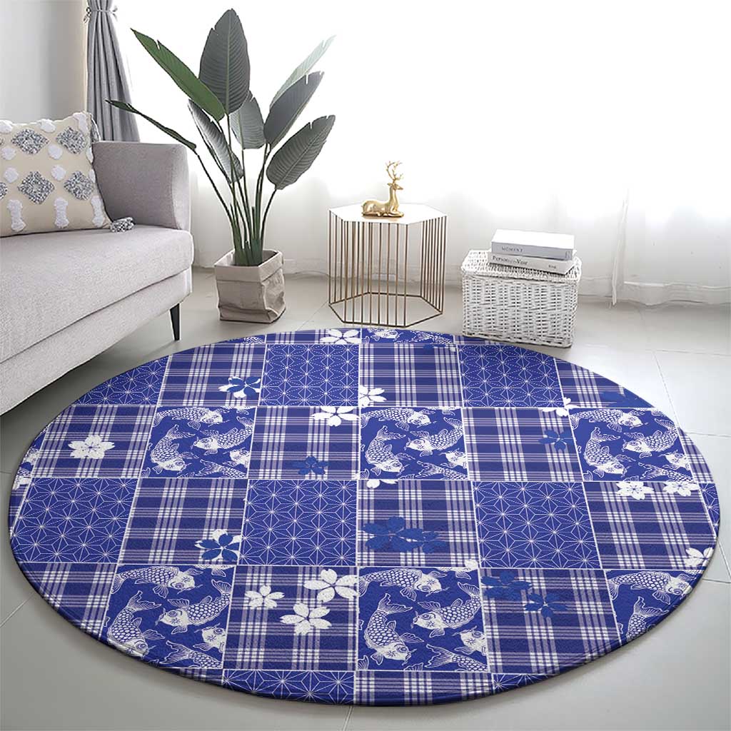 Blue Palaka Japanese Patterns Round Carpet Koi Fish Asanoha Sakura Patchwork Stylized - Polynesian Pride