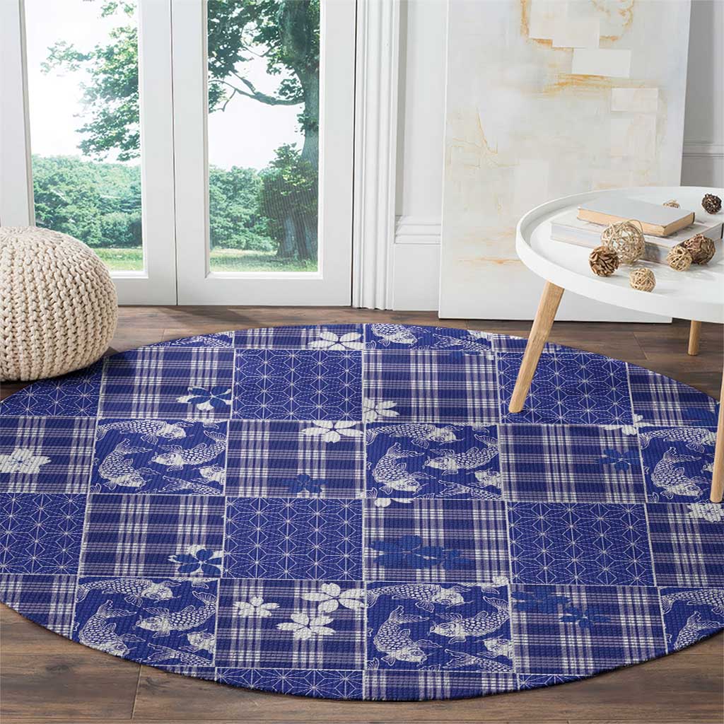 Blue Palaka Japanese Patterns Round Carpet Koi Fish Asanoha Sakura Patchwork Stylized - Polynesian Pride
