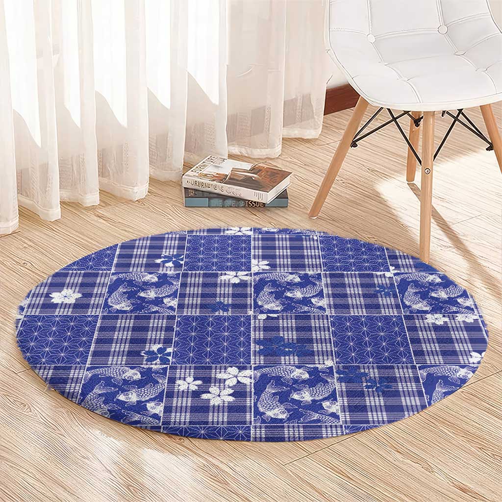 Blue Palaka Japanese Patterns Round Carpet Koi Fish Asanoha Sakura Patchwork Stylized - Polynesian Pride