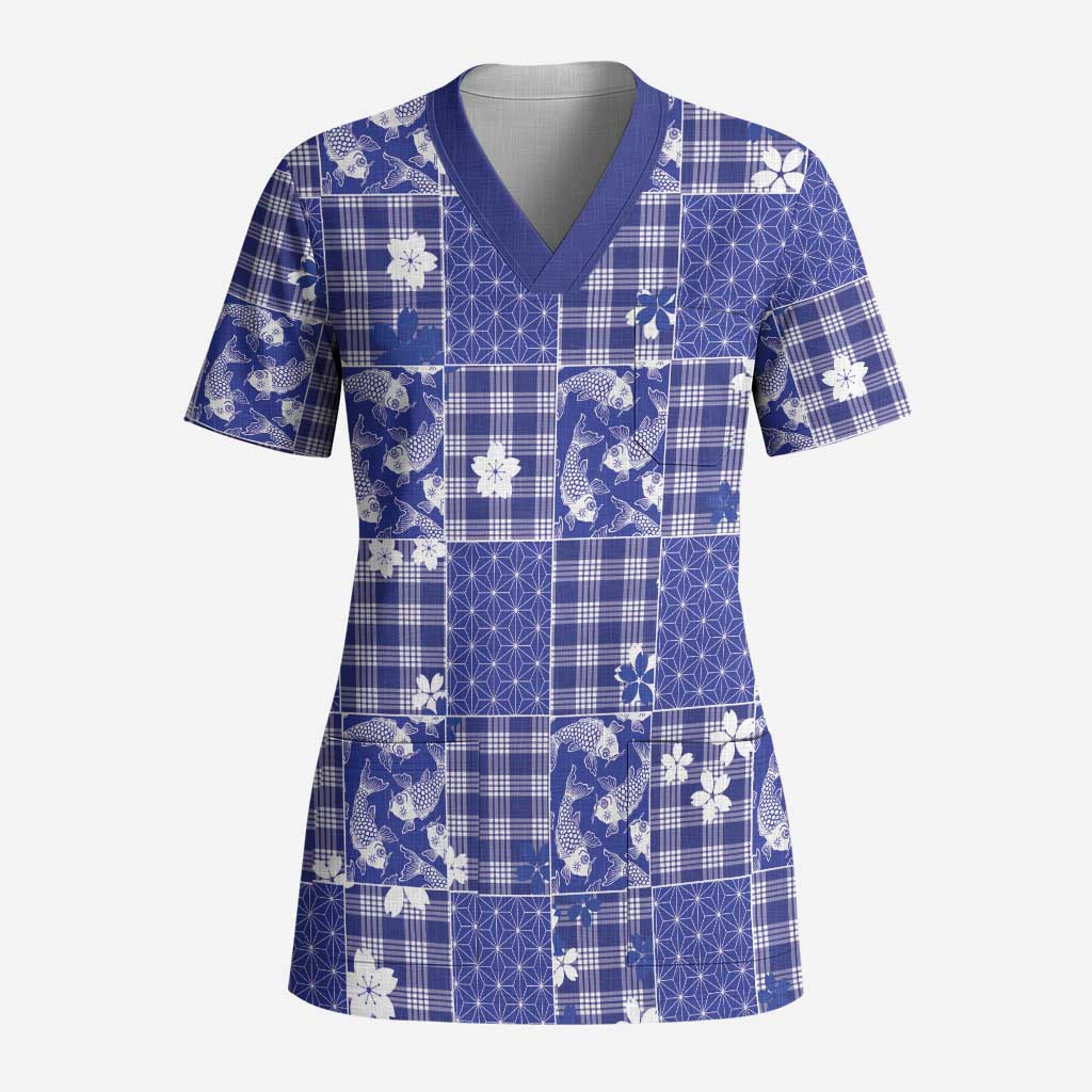 Blue Palaka Japanese Patterns Scrub Top Koi Fish Asanoha Sakura Patchwork Stylized - Polynesian Pride
