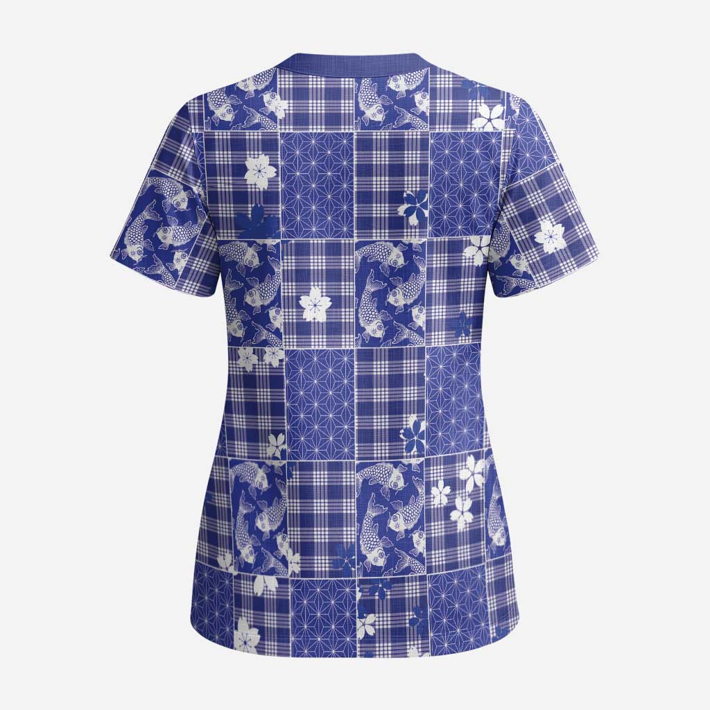 Blue Palaka Japanese Patterns Scrub Top Koi Fish Asanoha Sakura Patchwork Stylized - Polynesian Pride