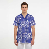 Blue Palaka Japanese Patterns Scrub Top Koi Fish Asanoha Sakura Patchwork Stylized - Polynesian Pride