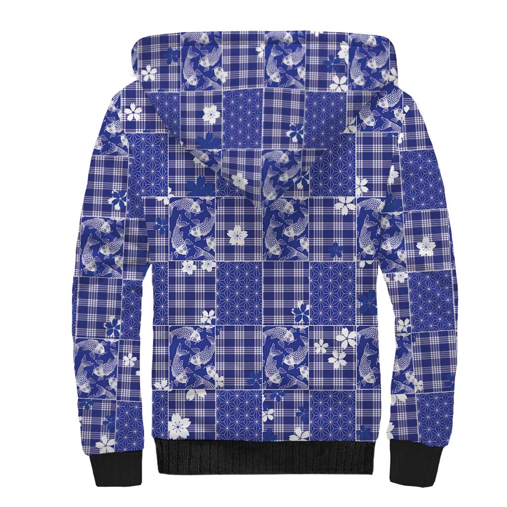 Blue Palaka Japanese Patterns Sherpa Hoodie Koi Fish Asanoha Sakura Patchwork Stylized LT14 - Polynesian Pride