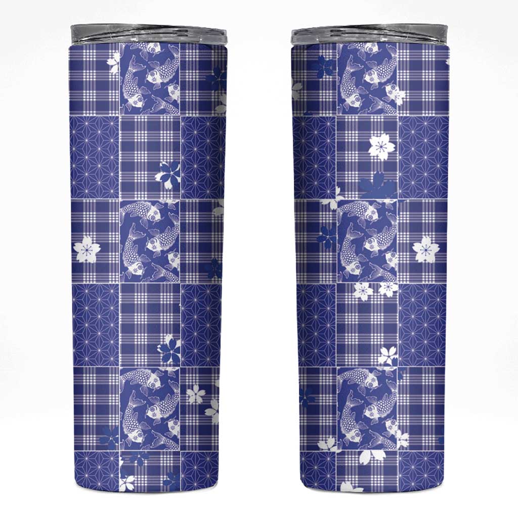 Blue Palaka Japanese Patterns Skinny Tumbler Koi Fish Asanoha Sakura Patchwork Stylized - Polynesian Pride