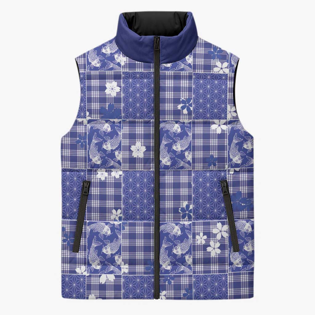 Blue Palaka Japanese Patterns Sleeveless Puffer Jacket Koi Fish Asanoha Sakura Patchwork Stylized LT14 Unisex Blue - Polynesian Pride