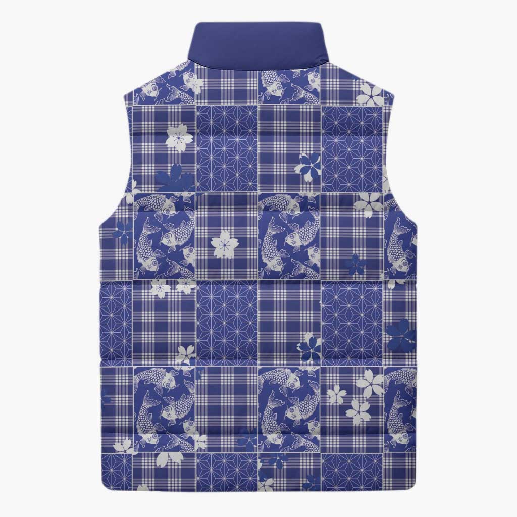 Blue Palaka Japanese Patterns Sleeveless Puffer Jacket Koi Fish Asanoha Sakura Patchwork Stylized LT14 - Polynesian Pride
