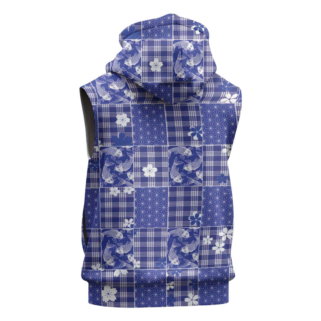 Blue Palaka Japanese Patterns Sleeveless Zip Hoodie Koi Fish Asanoha Sakura Patchwork Stylized - Polynesian Pride