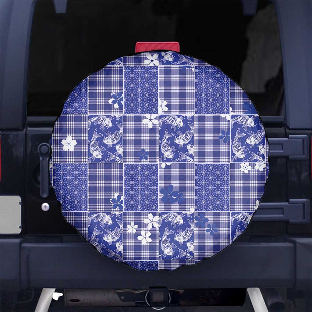 Blue Palaka Japanese Patterns Spare Tire Cover Koi Fish Asanoha Sakura Patchwork Stylized - Polynesian Pride