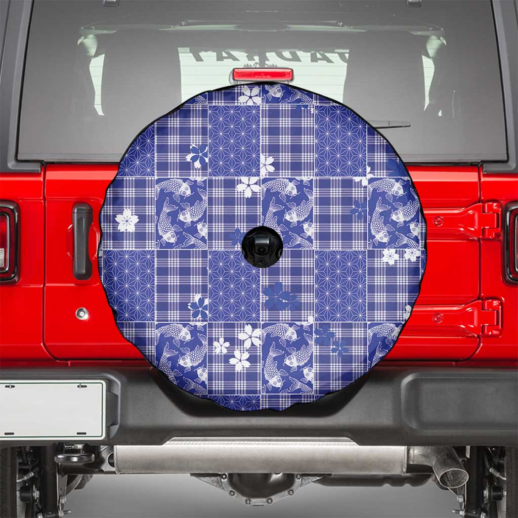 Blue Palaka Japanese Patterns Spare Tire Cover Koi Fish Asanoha Sakura Patchwork Stylized - Polynesian Pride