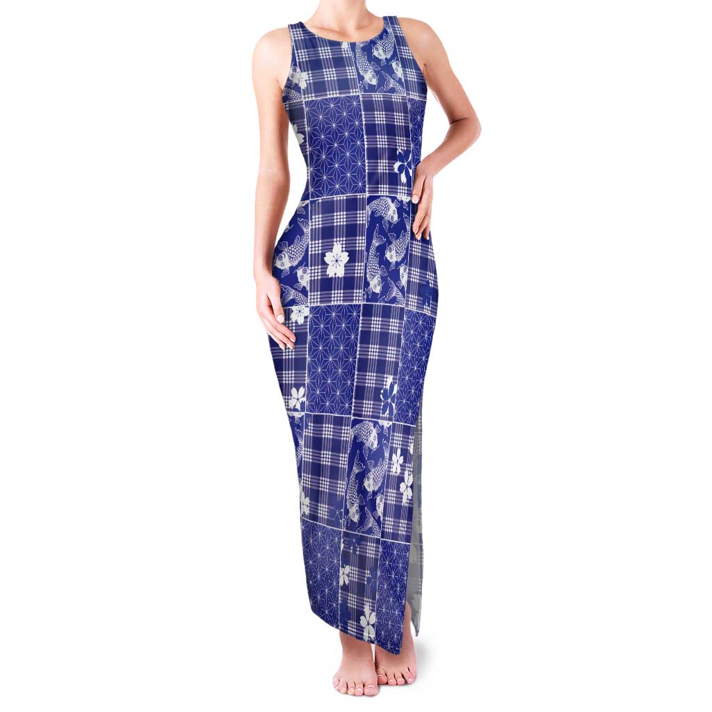 Blue Palaka Japanese Patterns Tank Maxi Dress Koi Fish Asanoha Sakura Patchwork Stylized - Polynesian Pride