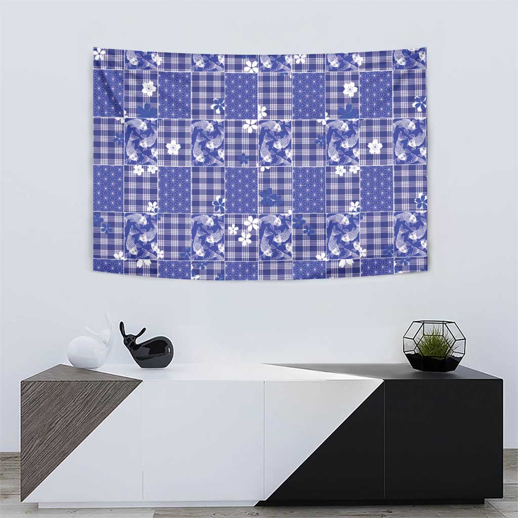 Blue Palaka Japanese Patterns Tapestry Koi Fish Asanoha Sakura Patchwork Stylized - Polynesian Pride