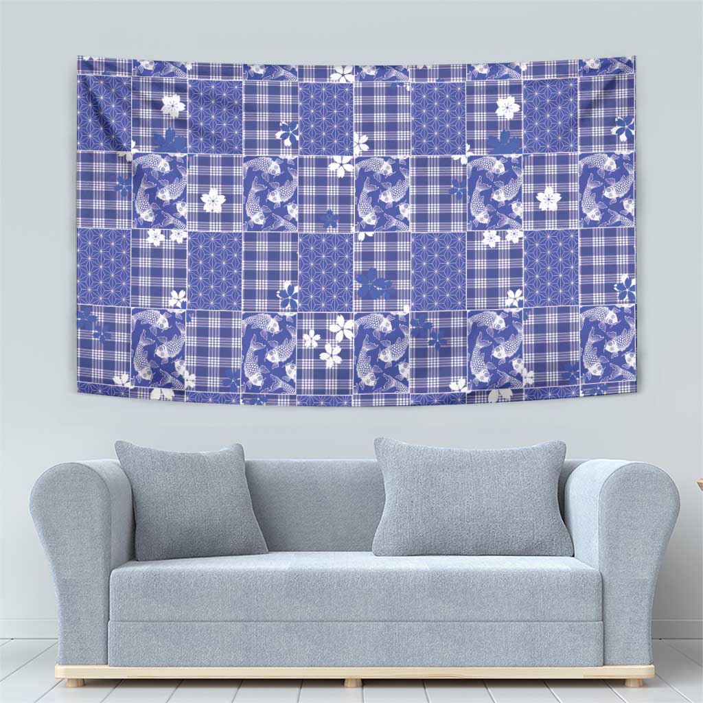 Blue Palaka Japanese Patterns Tapestry Koi Fish Asanoha Sakura Patchwork Stylized - Polynesian Pride