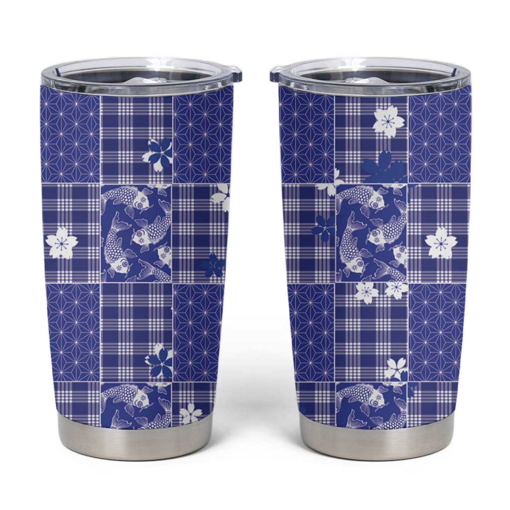 Blue Palaka Japanese Patterns Tumbler Cup Koi Fish Asanoha Sakura Patchwork Stylized - Polynesian Pride