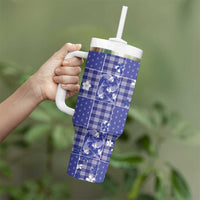 Blue Palaka Japanese Patterns Tumbler With Handle Koi Fish Asanoha Sakura Patchwork Stylized - Polynesian Pride