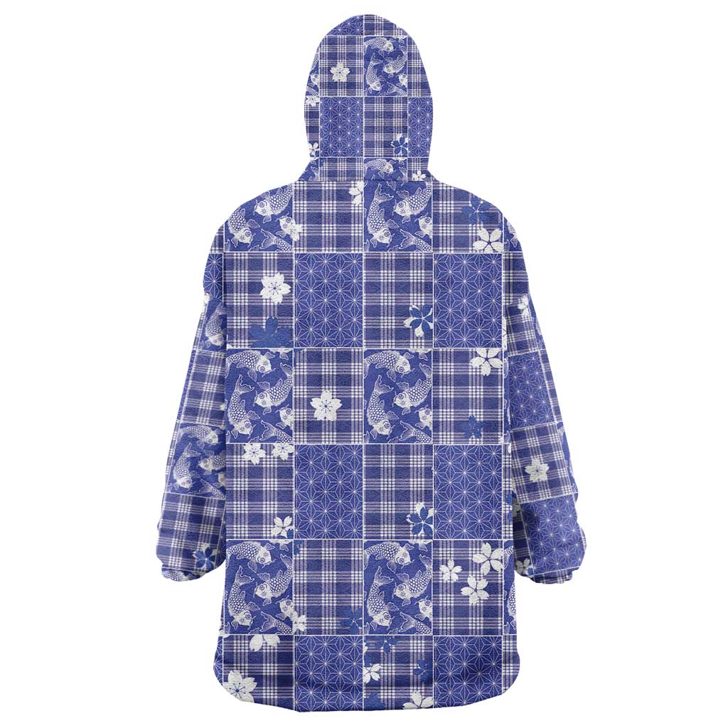 Blue Palaka Japanese Patterns Wearable Blanket Hoodie Koi Fish Asanoha Sakura Patchwork Stylized LT14 - Polynesian Pride