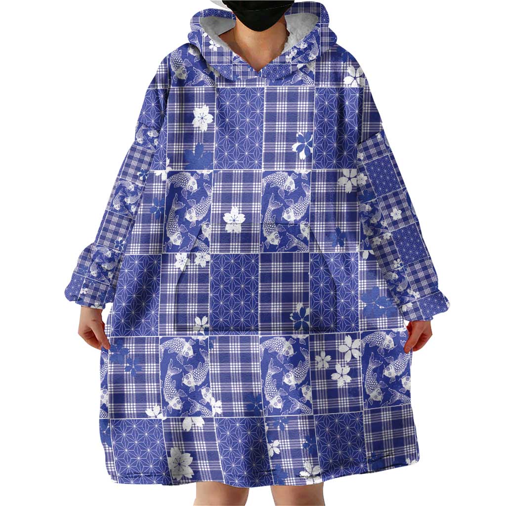 Blue Palaka Japanese Patterns Wearable Blanket Hoodie Koi Fish Asanoha Sakura Patchwork Stylized LT14 - Polynesian Pride