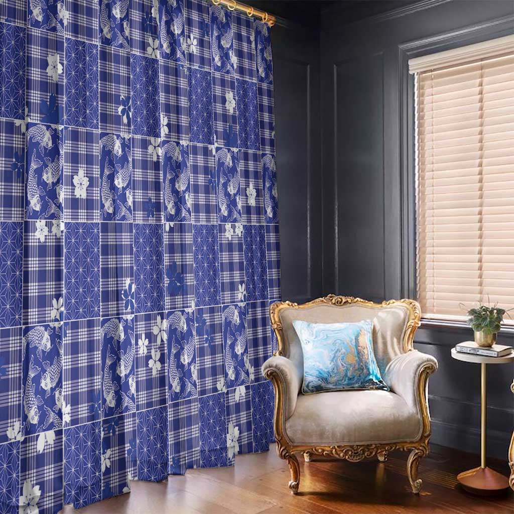 Blue Palaka Japanese Patterns Window Curtain Koi Fish Asanoha Sakura Patchwork Stylized - Polynesian Pride