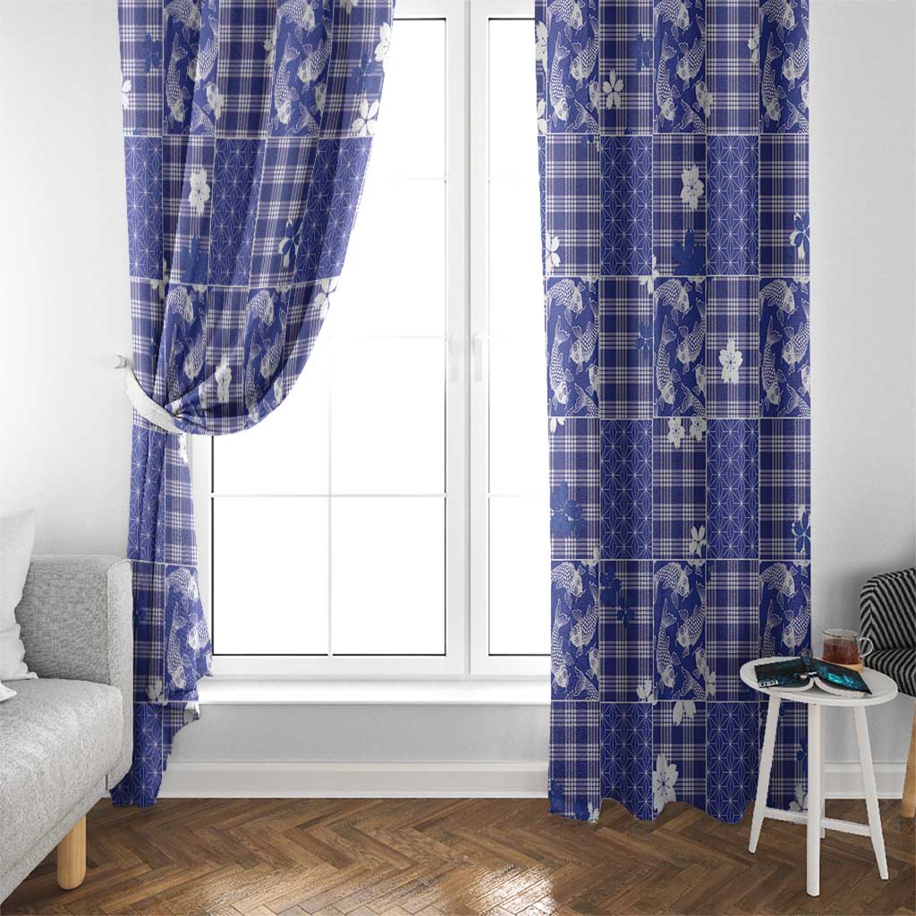 Blue Palaka Japanese Patterns Window Curtain Koi Fish Asanoha Sakura Patchwork Stylized - Polynesian Pride