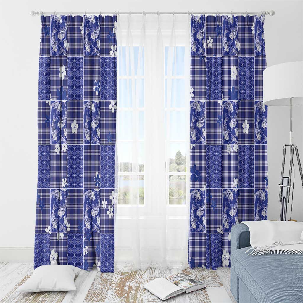 Blue Palaka Japanese Patterns Window Curtain Koi Fish Asanoha Sakura Patchwork Stylized - Polynesian Pride