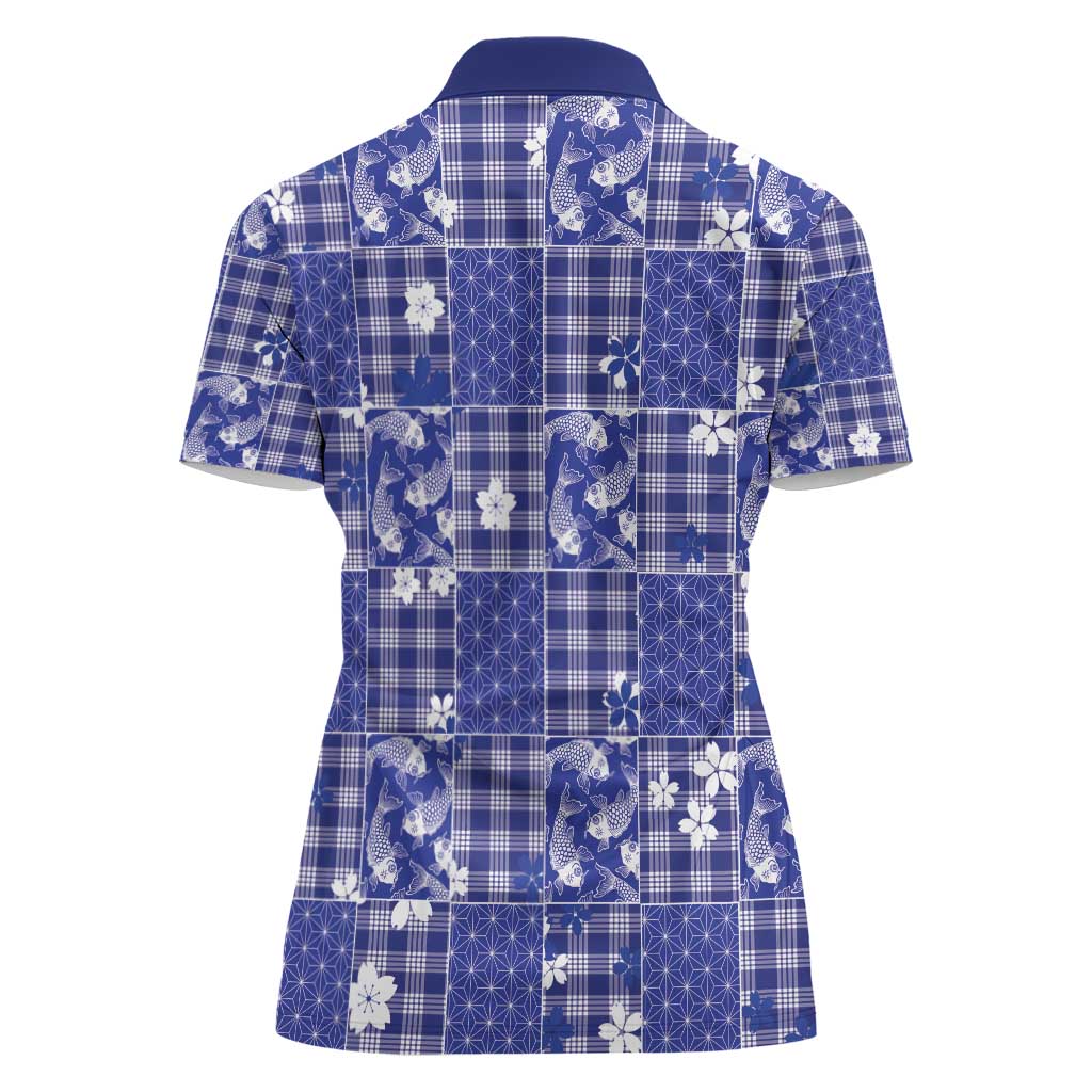 Blue Palaka Japanese Patterns Women Polo Shirt Koi Fish Asanoha Sakura Patchwork Stylized - Polynesian Pride