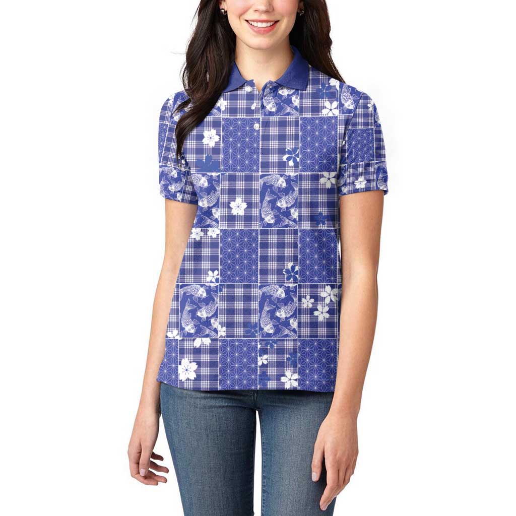 Blue Palaka Japanese Patterns Women Polo Shirt Koi Fish Asanoha Sakura Patchwork Stylized - Polynesian Pride
