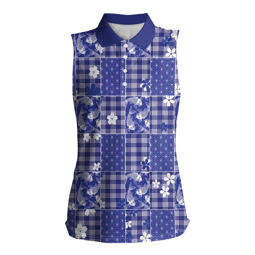 Blue Palaka Japanese Patterns Women Sleeveless Polo Shirt Koi Fish Asanoha Sakura Patchwork Stylized LT14 Female Blue - Polynesian Pride