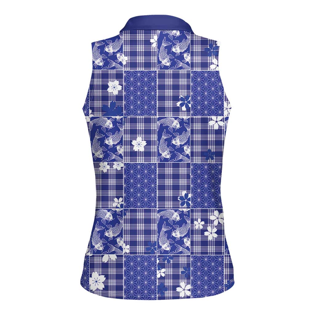 Blue Palaka Japanese Patterns Women Sleeveless Polo Shirt Koi Fish Asanoha Sakura Patchwork Stylized LT14 - Polynesian Pride