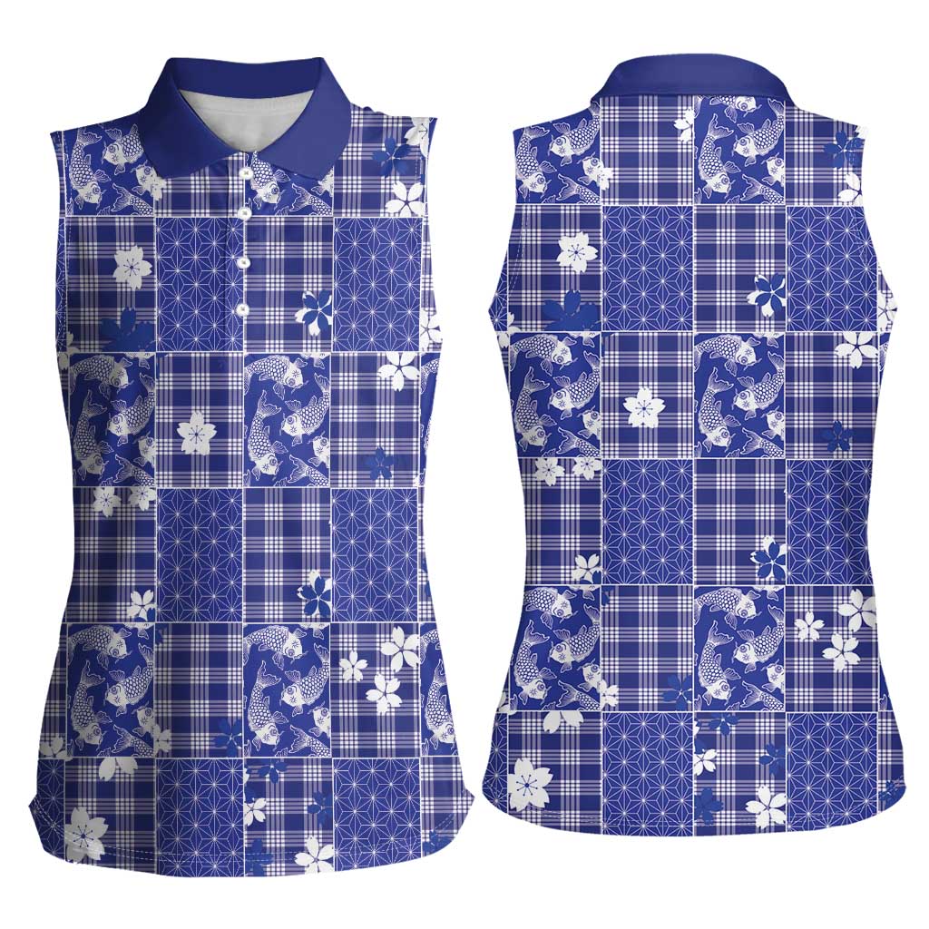 Blue Palaka Japanese Patterns Women Sleeveless Polo Shirt Koi Fish Asanoha Sakura Patchwork Stylized LT14 - Polynesian Pride