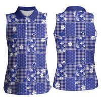 Blue Palaka Japanese Patterns Women Sleeveless Polo Shirt Koi Fish Asanoha Sakura Patchwork Stylized LT14 - Polynesian Pride