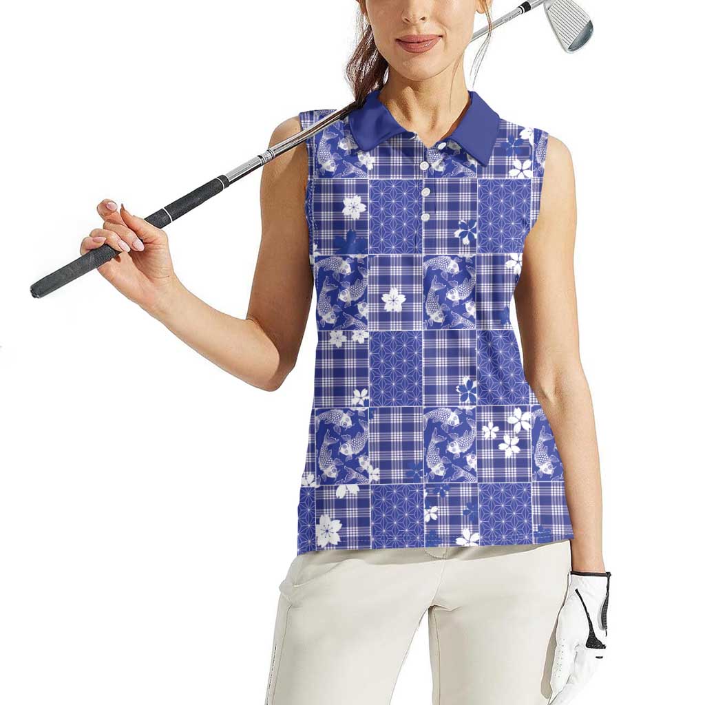 Blue Palaka Japanese Patterns Women Sleeveless Polo Shirt Koi Fish Asanoha Sakura Patchwork Stylized LT14 - Polynesian Pride