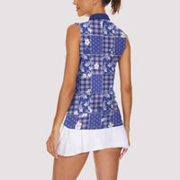 Blue Palaka Japanese Patterns Women Sleeveless Polo Shirt Koi Fish Asanoha Sakura Patchwork Stylized LT14 - Polynesian Pride