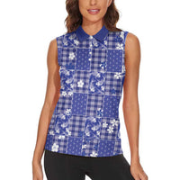 Blue Palaka Japanese Patterns Women Sleeveless Polo Shirt Koi Fish Asanoha Sakura Patchwork Stylized LT14 - Polynesian Pride