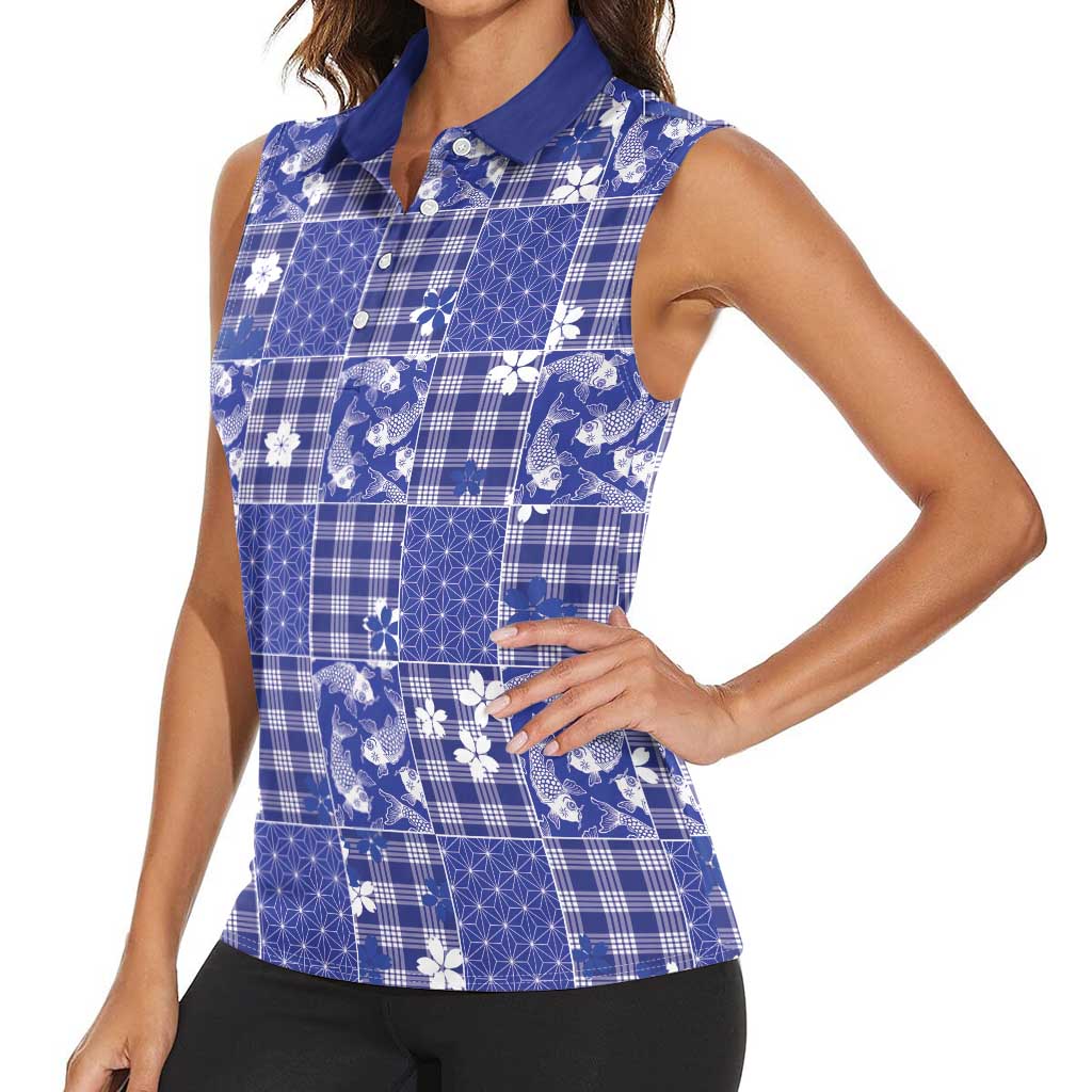 Blue Palaka Japanese Patterns Women Sleeveless Polo Shirt Koi Fish Asanoha Sakura Patchwork Stylized LT14 - Polynesian Pride