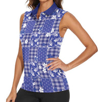 Blue Palaka Japanese Patterns Women Sleeveless Polo Shirt Koi Fish Asanoha Sakura Patchwork Stylized LT14 - Polynesian Pride