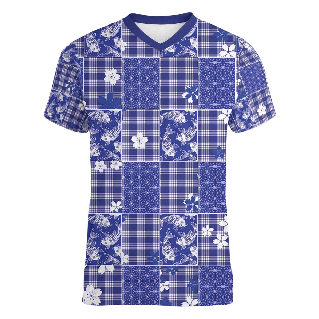 Blue Palaka Japanese Patterns Women V-Neck T-Shirt Koi Fish Asanoha Sakura Patchwork Stylized - Polynesian Pride