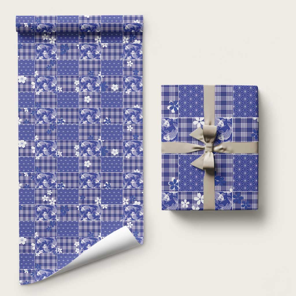 Blue Palaka Japanese Patterns Wrapping Paper Koi Fish Asanoha Sakura Patchwork Stylized LT14 58" × 23" Blue - Polynesian Pride